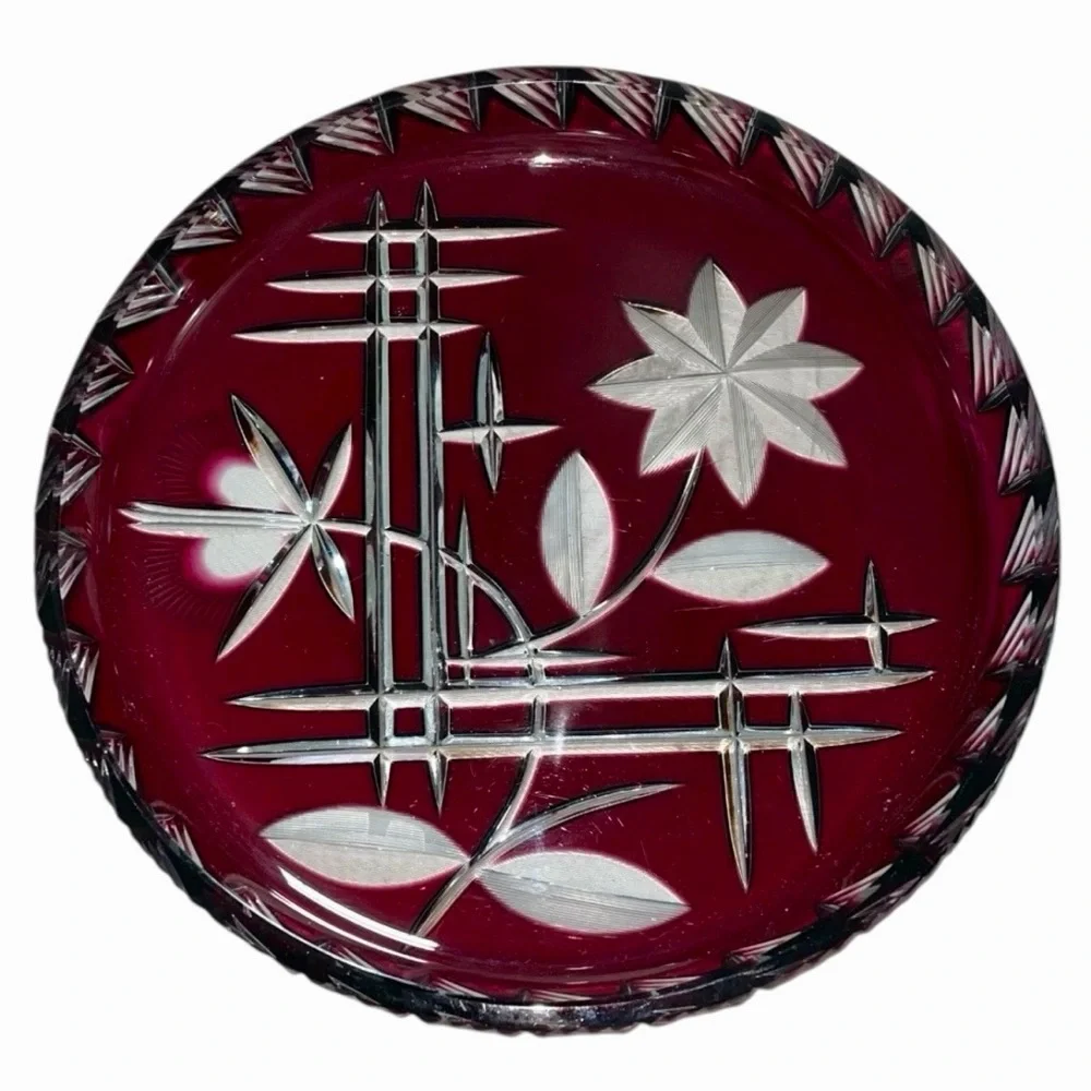Bohemian Czech Ruby Cut to Clear Crystal Bowl Plate Centerpiece 11